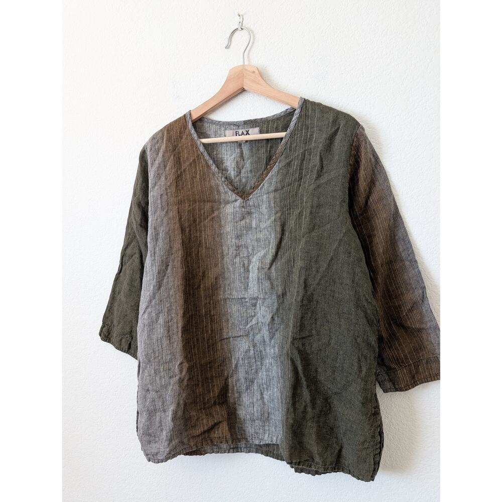 Flax Linen Stripe Color Block Pullover Blouse Med… - image 3